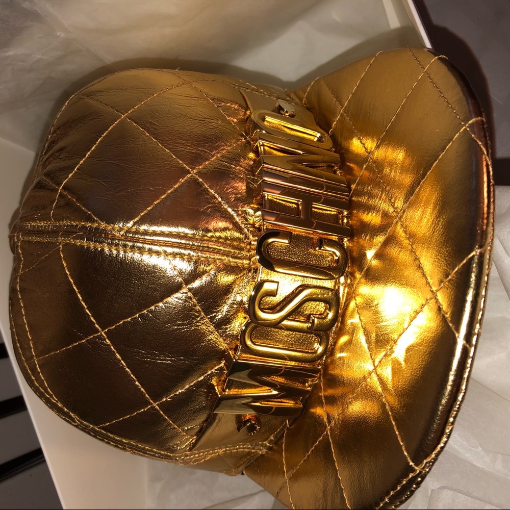 Moschino Leather Gold Quilted Logo Leathering Cap